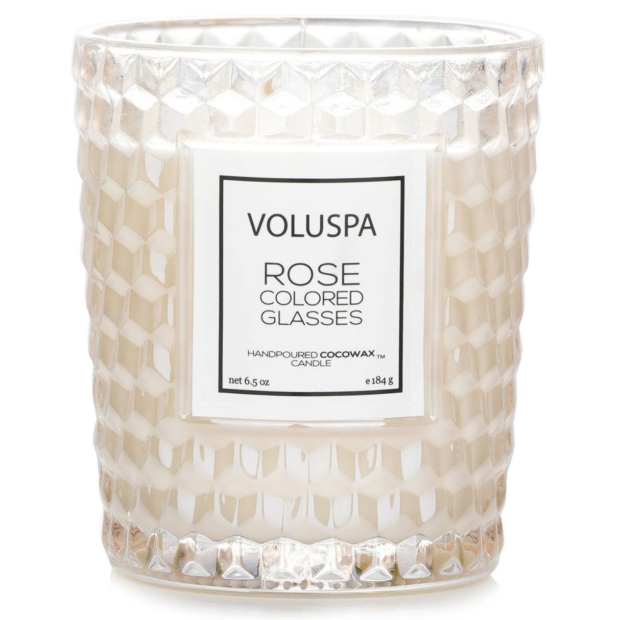 Elegant Voluspa Classic Candle in rose-colored glass, featuring a coconut wax blend and floral fragrance for 40 hours of ambiance.