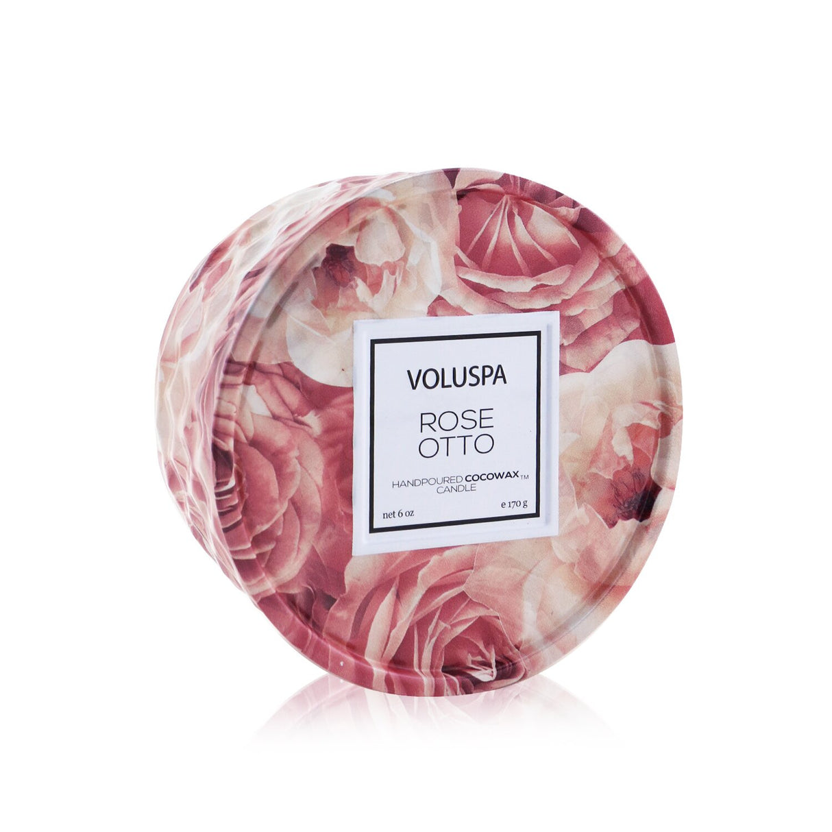 Voluspa Rose Otto 2 Wick Tin Candle in an embossed geometric tin, featuring a rose fragrance and eco-friendly coconut wax.