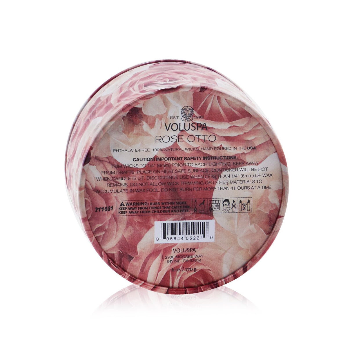 Voluspa 2 Wick Tin Candle in Rose Otto, featuring rose fragrance, coconut wax, and a decorative embossed tin with a 25-hour burn time.