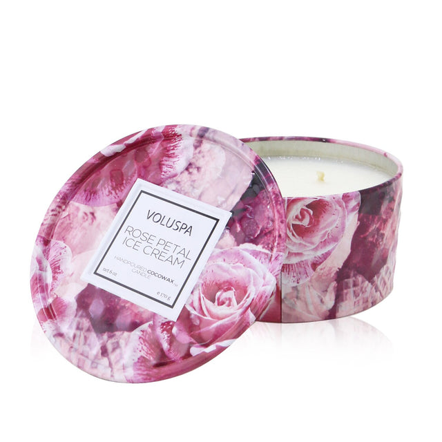 Voluspa 2 Wick Tin Candle in Rose Petal Ice Cream, featuring 3D embossed tin and luxurious floral-ice cream fragrance.