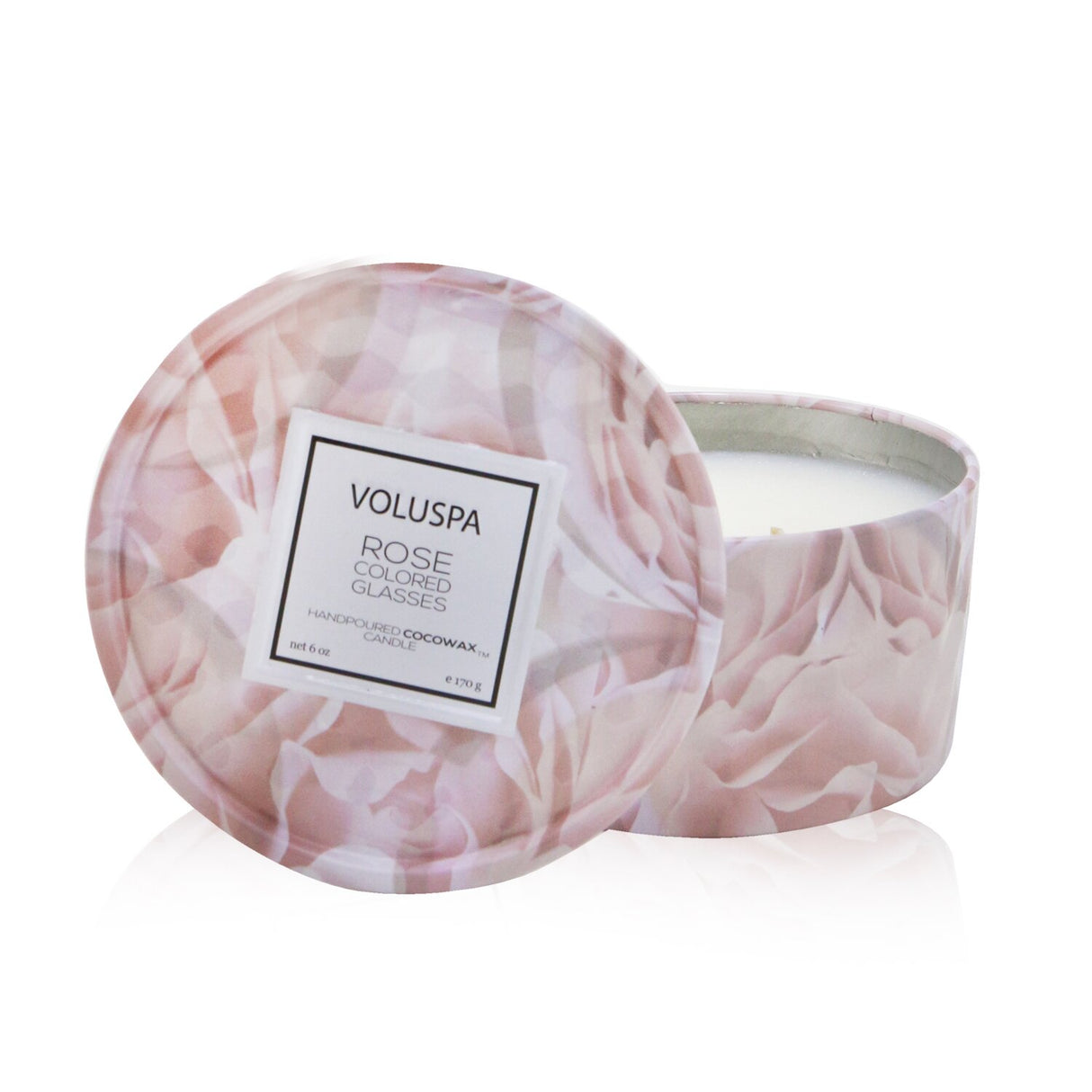 Luxury Voluspa 2 Wick Tin Candle in rose-colored glass with geometric design, offers 25 hours of heavenly rose fragrance.