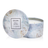 Elegant 2 wick tin candle in Milk Rose scent, featuring a geometric tin design and eco-friendly coconut wax blend.