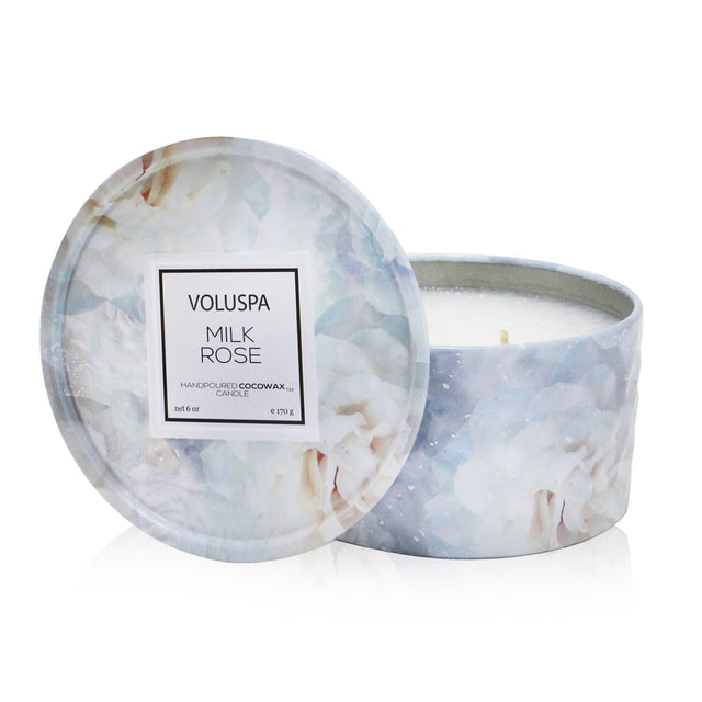Elegant 2 wick tin candle in Milk Rose scent, featuring a geometric tin design and eco-friendly coconut wax blend.