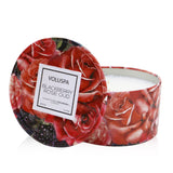 Voluspa 2 Wick Tin Candle in Blackberry Rose Oud, featuring a luxurious coconut blend and elegant 3D embossed tin design.