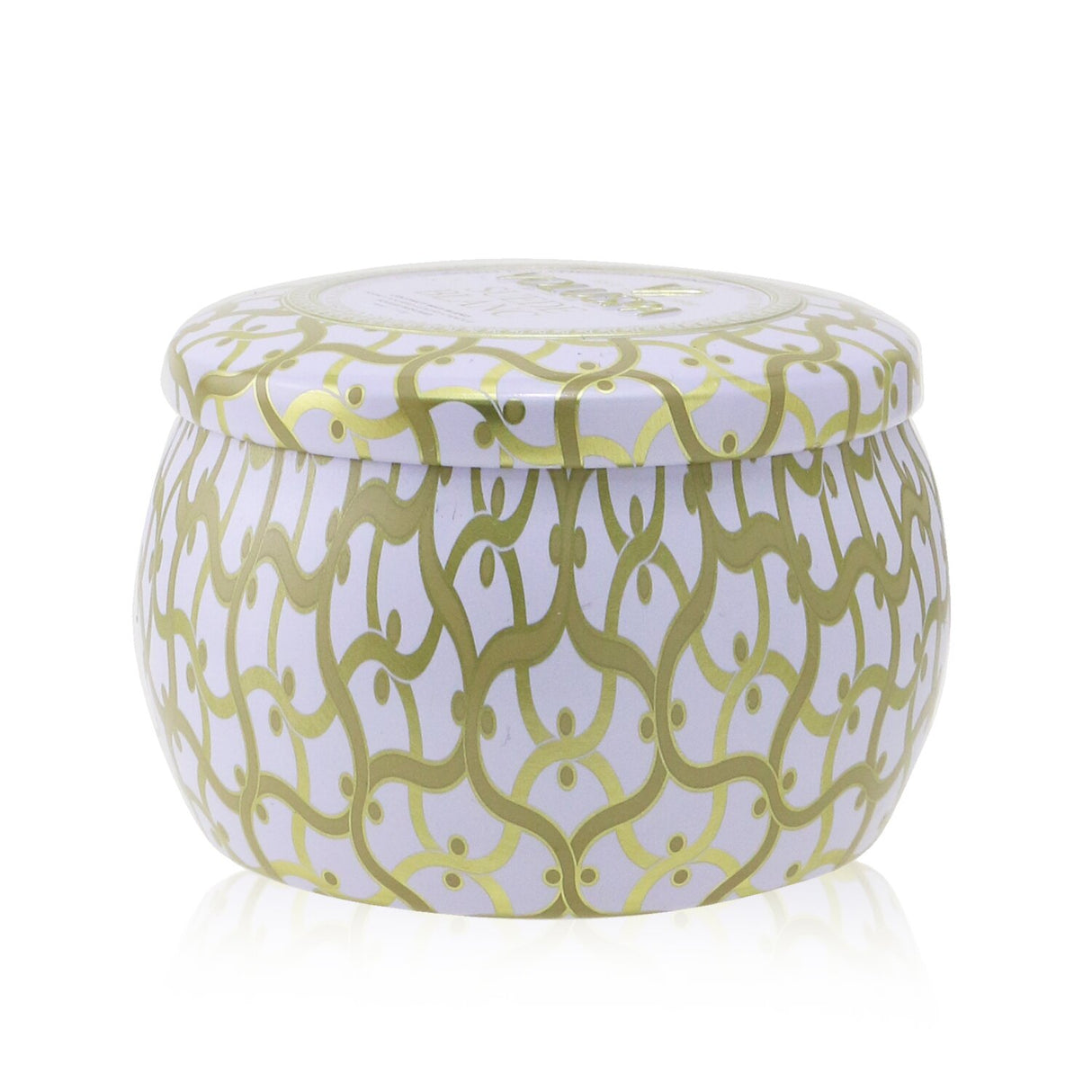 Elegant Voluspa Mini Tin Candle in Suede Blanc, featuring a coconut wax blend, natural wicks, and a vibrant metal tin.