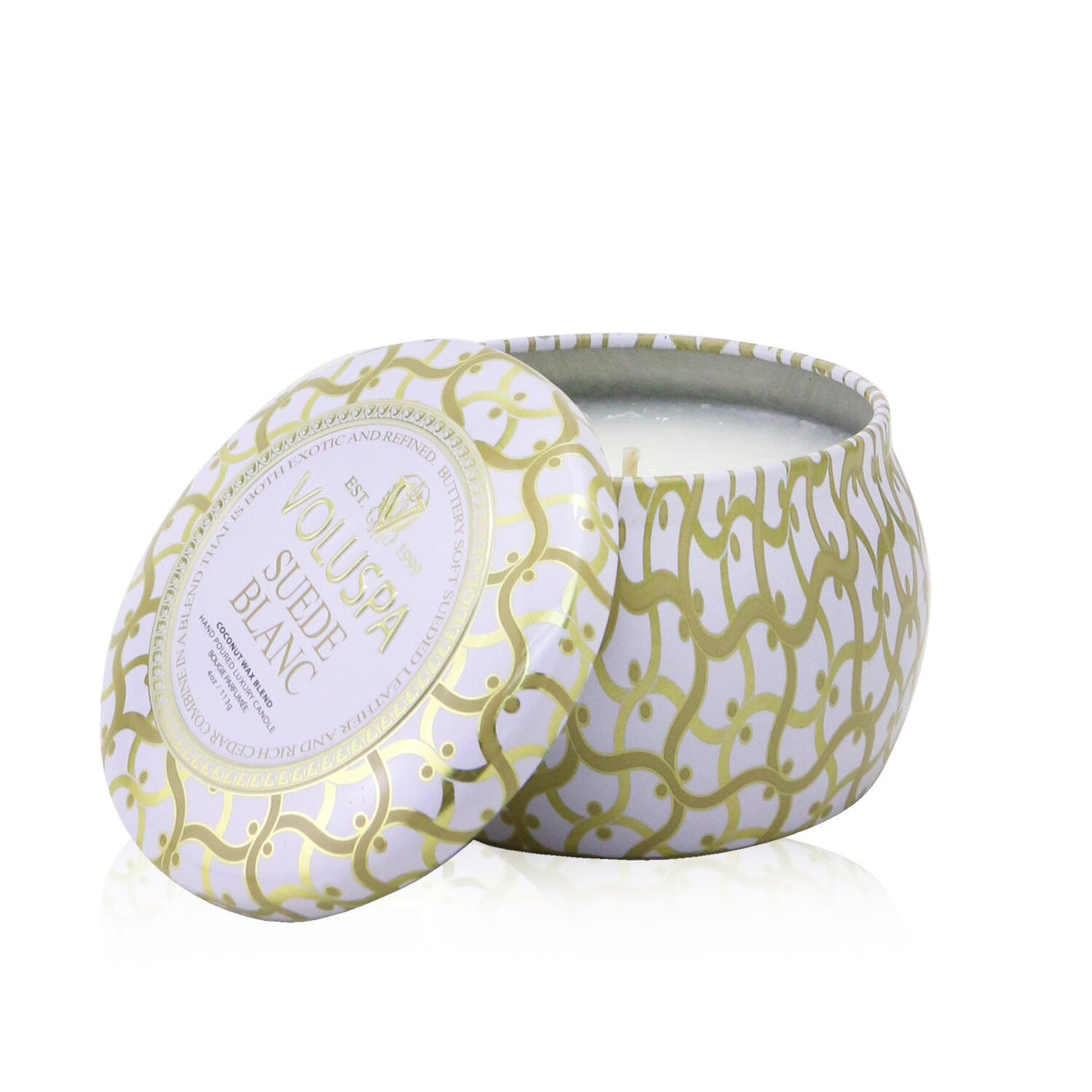 Voluspa Mini Tin Candle in Suede Blanc, 4oz, featuring a luxurious scent, reusable tin, and eco-friendly coconut wax.