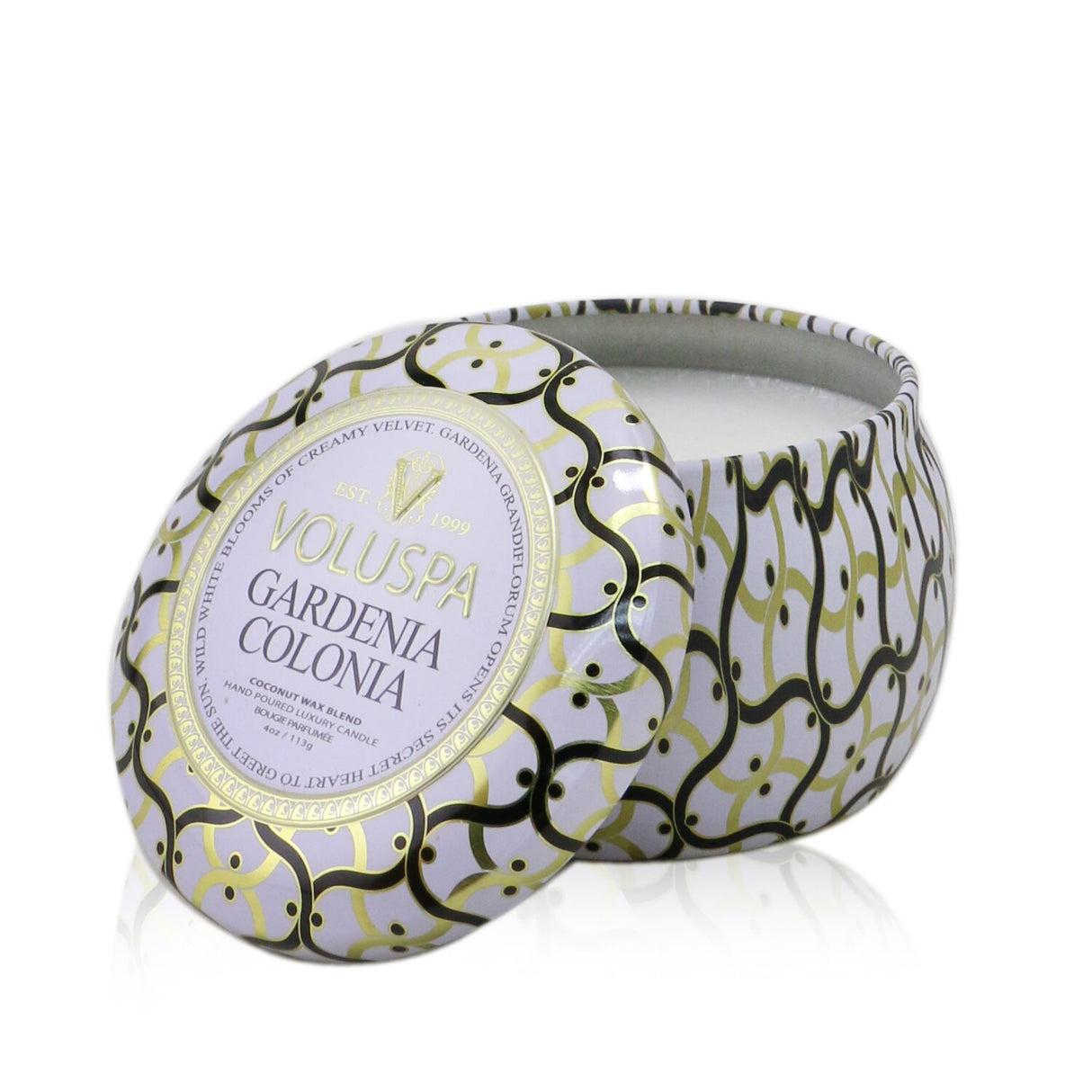 Mini tin candle in Gardenia Colonia scent, crafted from coconut wax, burns for 25 hours in a beautifully adorned metal tin.