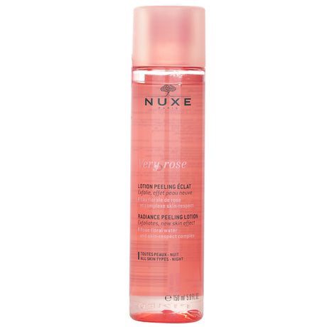 Nuxe Very Rose Radiance Peeling Lotion in a 150ml bottle, featuring natural ingredients for exfoliation and radiant skin.