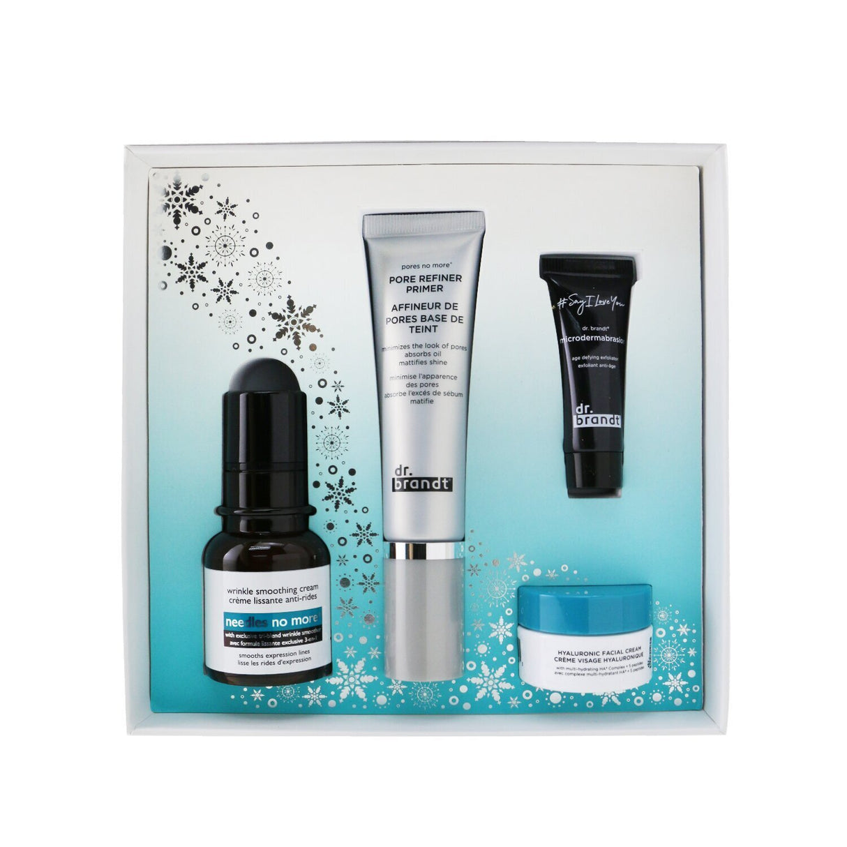 Dr. Brandt Skincare Wishlist Kit featuring Pore Refiner Primer, Wrinkle Smoothing Cream, Microdermabrasion, and Hyaluronic Cream.