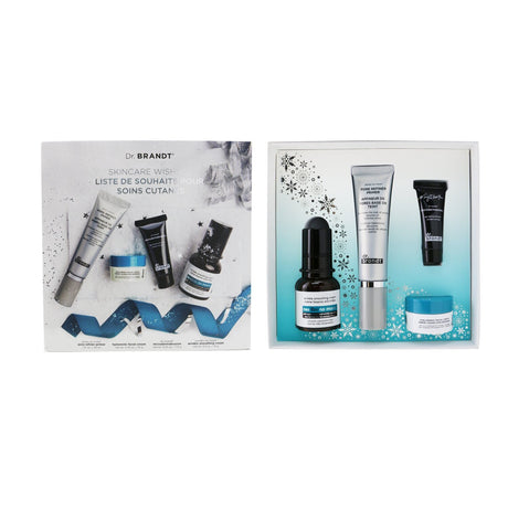 Dr. Brandt Skincare Wishlist Kit featuring pore-refining primer, wrinkle cream, exfoliator, and hydrating facial cream.