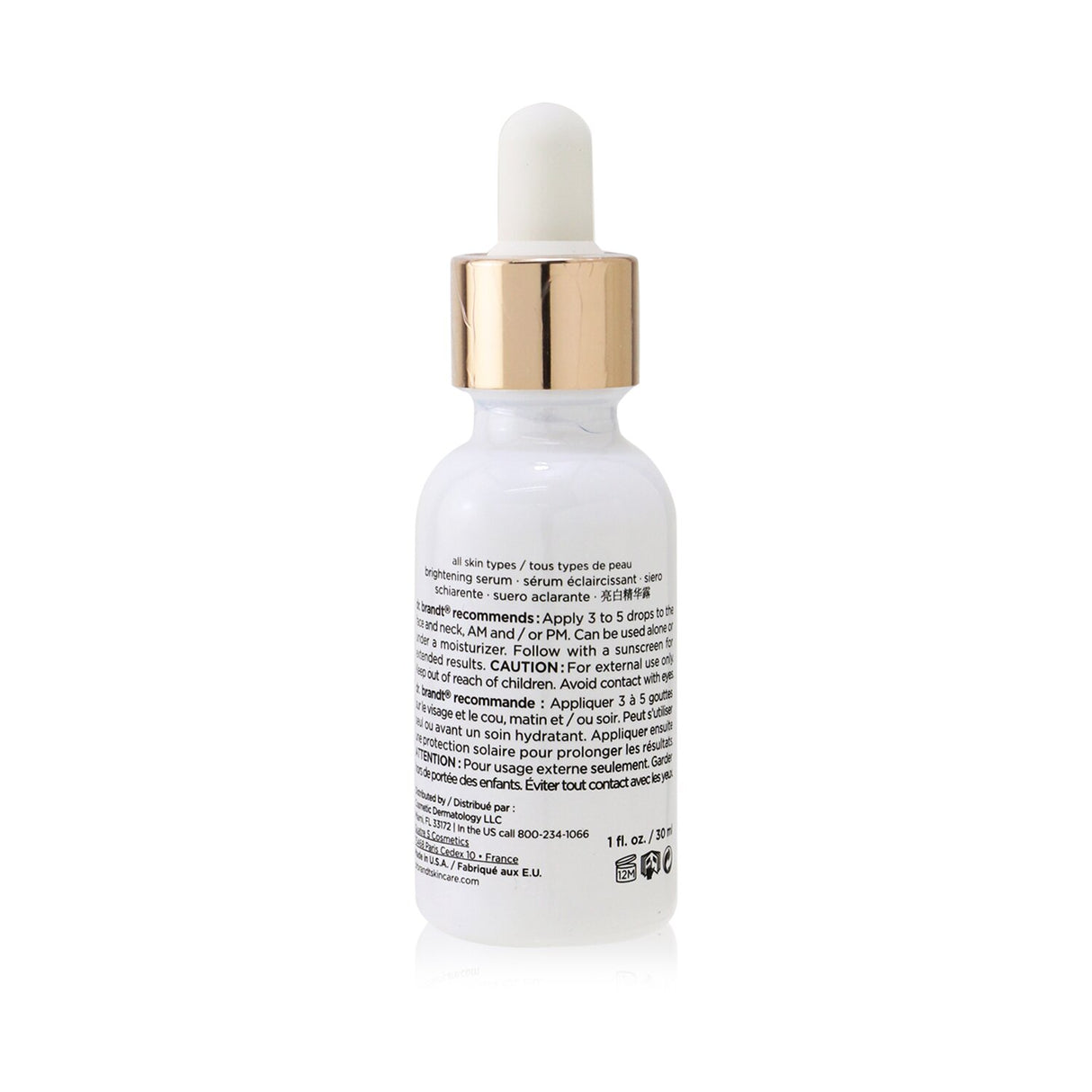 Brightening serum in a 30ml bottle, formulated with THD-ascorbate, enhances skin tone and reduces fine lines.