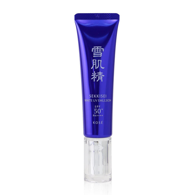 Lightweight Kose Sekkisei White UV Emulsion SPF50 for radiant skin, absorbs quickly, and protects against sun damage.