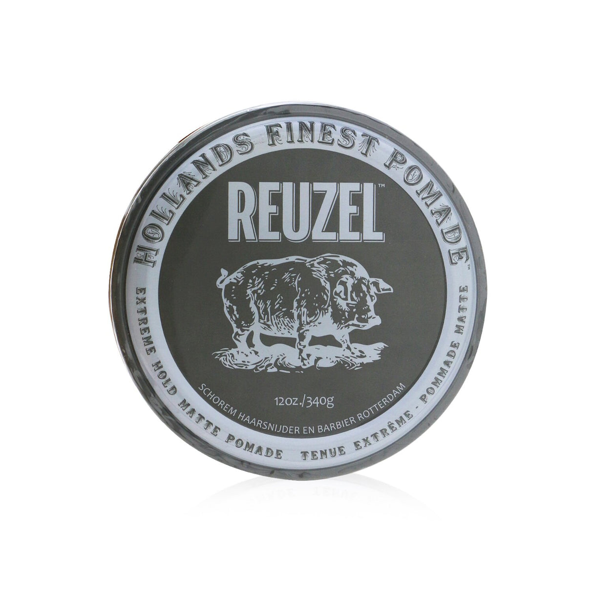 Reuzel Extreme Hold Matte Pomade in a tin, showcasing creamy texture, extreme hold, and no shine for structured hairstyles.