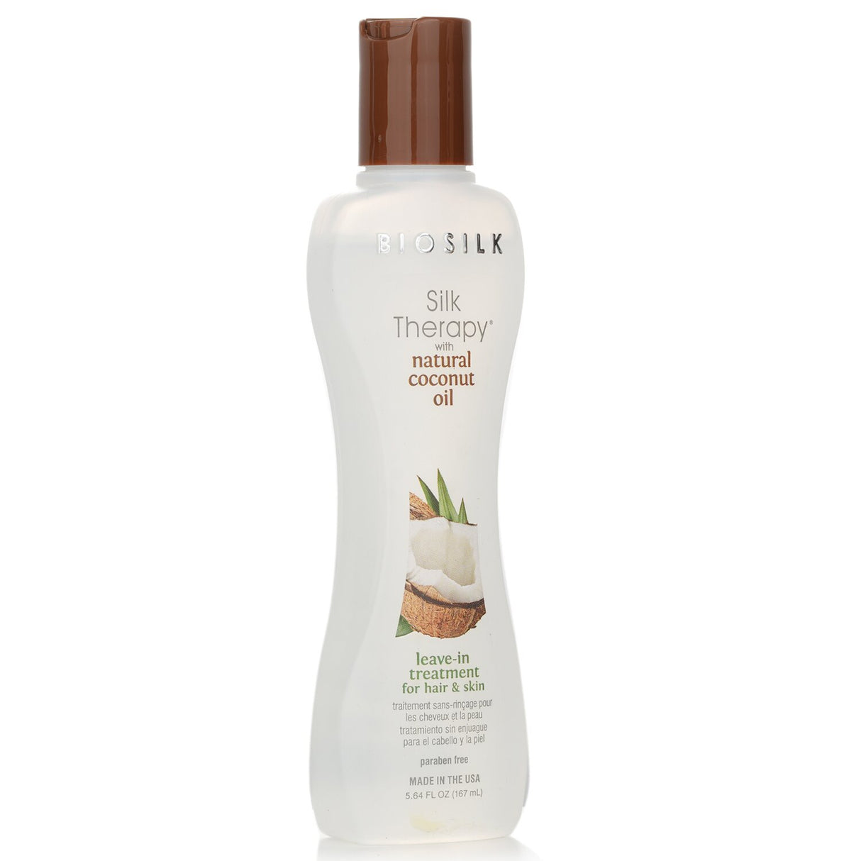 Lightweight leave-in treatment with coconut oil and silk for hair and skin, promoting moisture, shine, and frizz control.