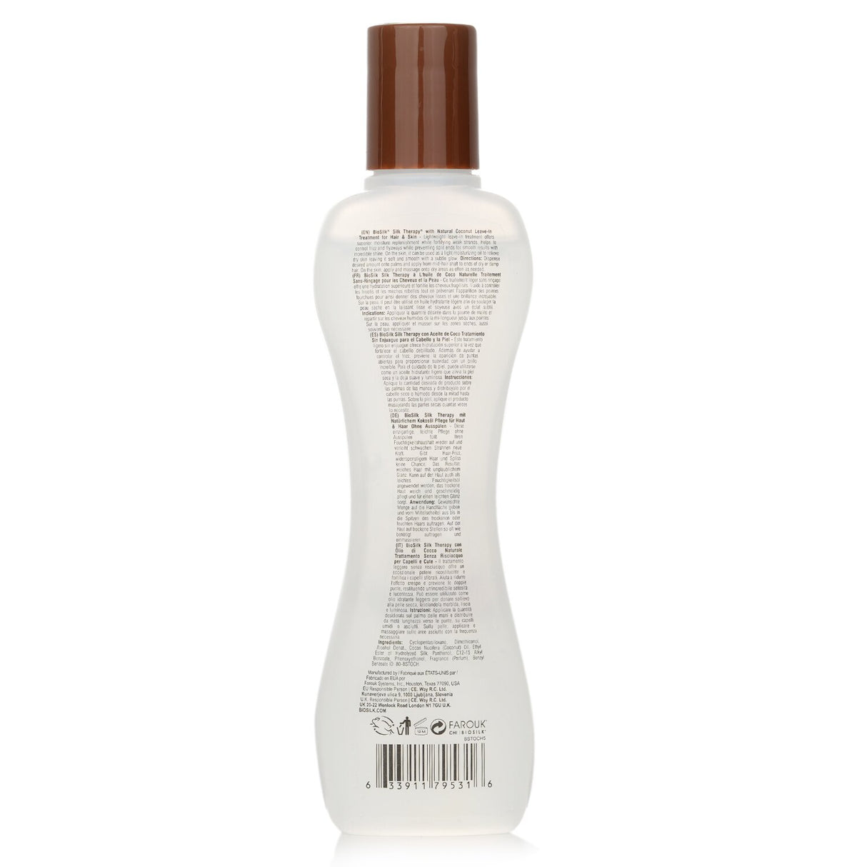 Lightweight BioSilk treatment with coconut oil for silky hair and radiant skin, moisturizing and frizz-controlling.