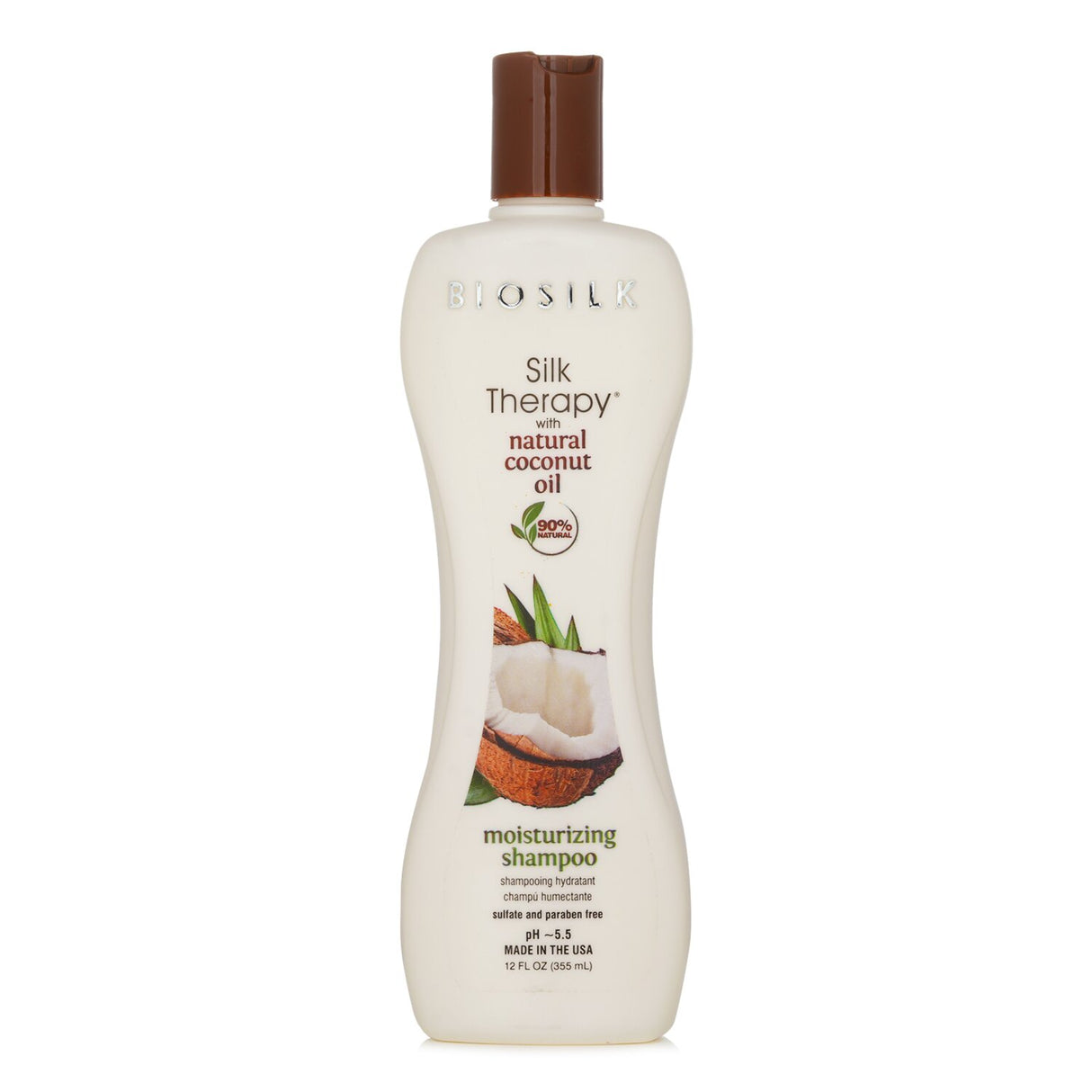 Moisturizing shampoo with coconut oil, 90% natural ingredients, for soft, vibrant, and healthy hair without harsh additives.