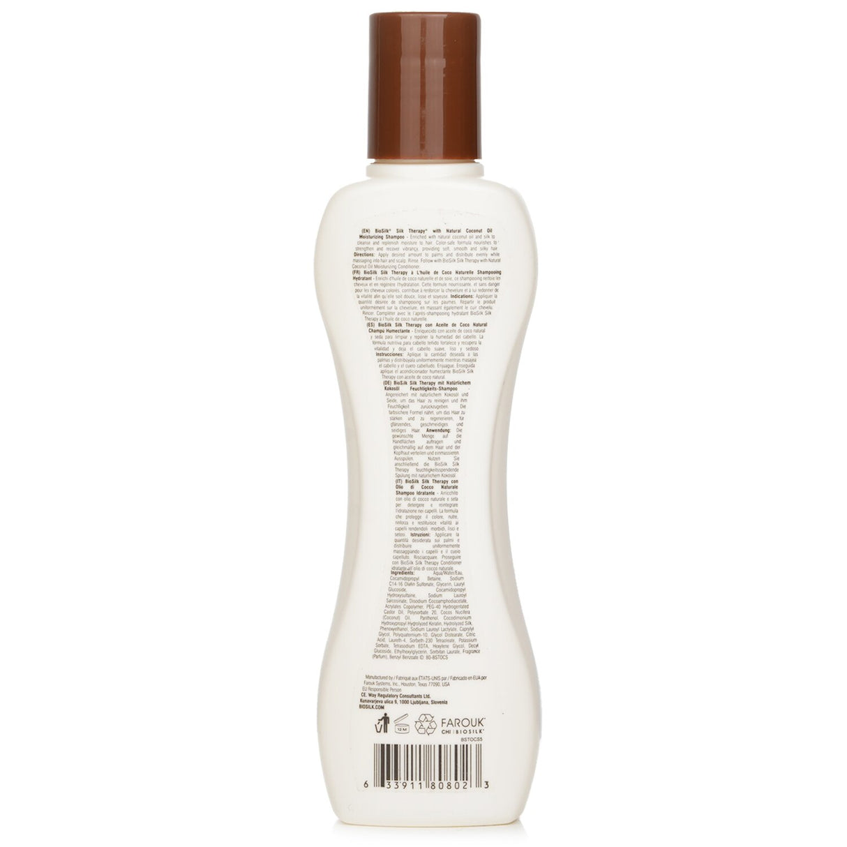 BioSilk Coconut Oil Moisturizing Shampoo: 90% natural formula, cleanses, hydrates, protects, suitable for all hair types.