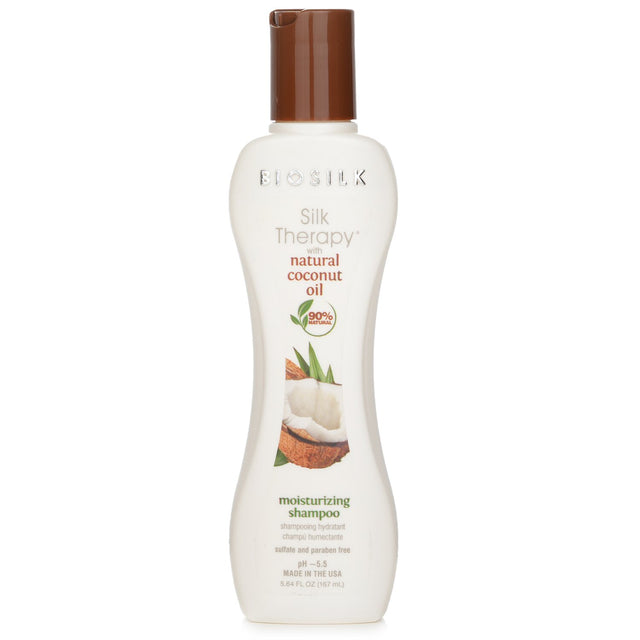 BioSilk's Coconut Oil Shampoo: 90% natural, pH 5.5, nourishes, and hydrates for soft, vibrant, and shiny hair.