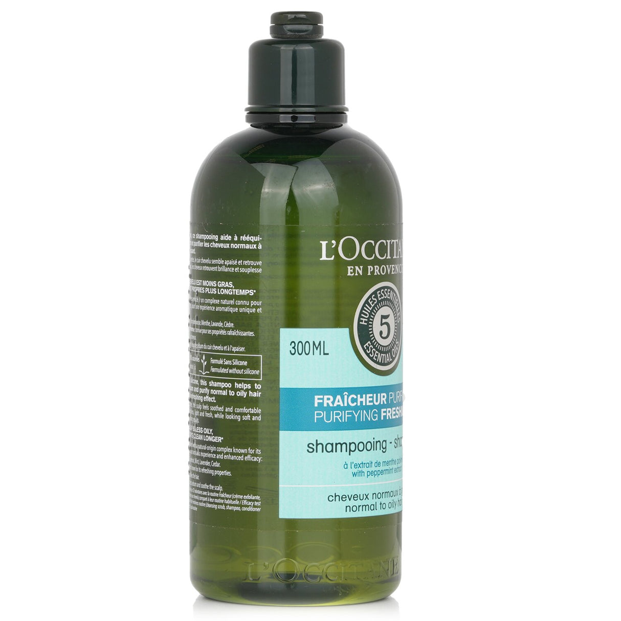 L'Occitane Aromachologie Purifying Freshness Shampoo, a lightweight gel for normal to oily hair, enriched with peppermint and essential oils.