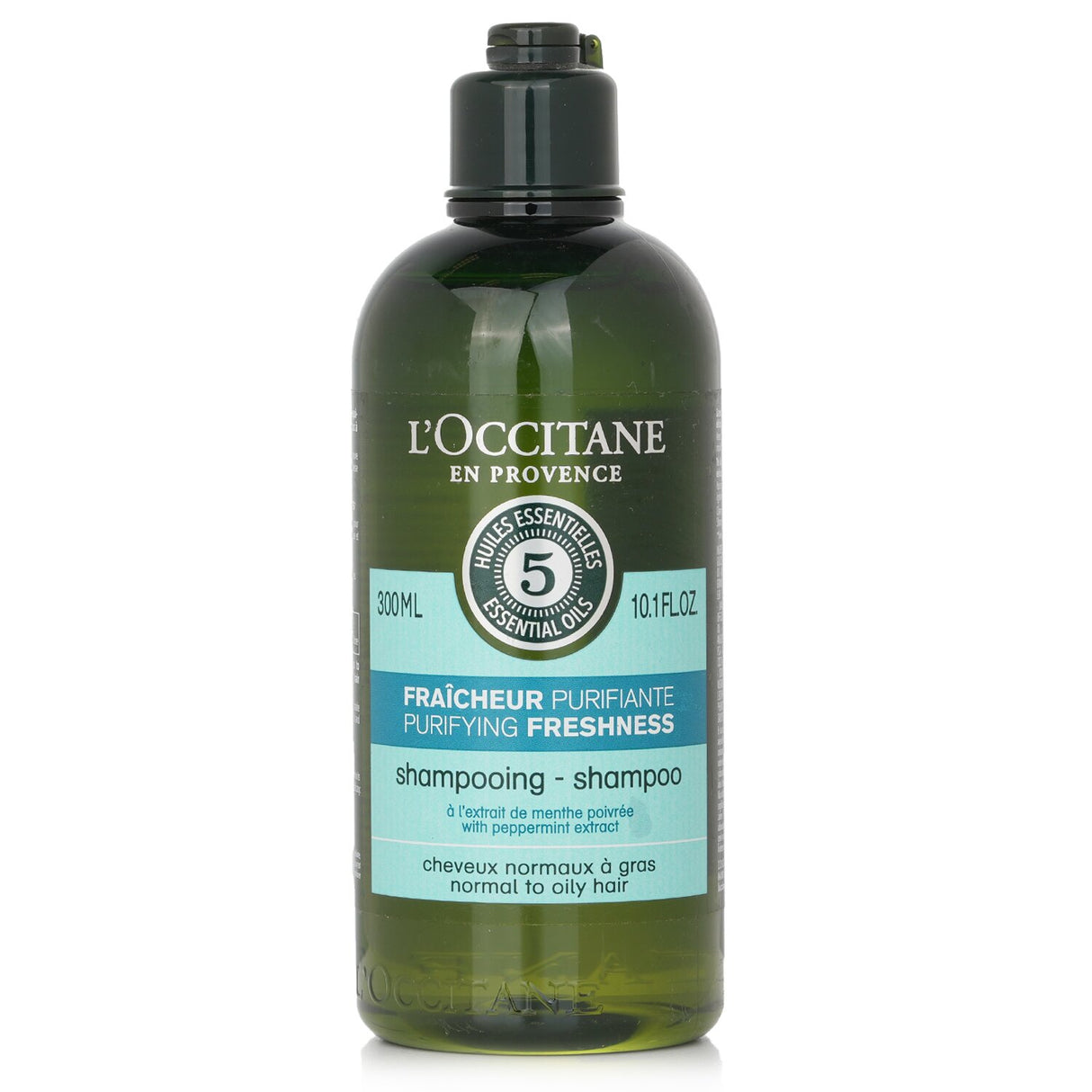 L'Occitane Aromachologie shampoo for normal to oily hair, purifying formula with mint and essential oils for refreshed scalp.