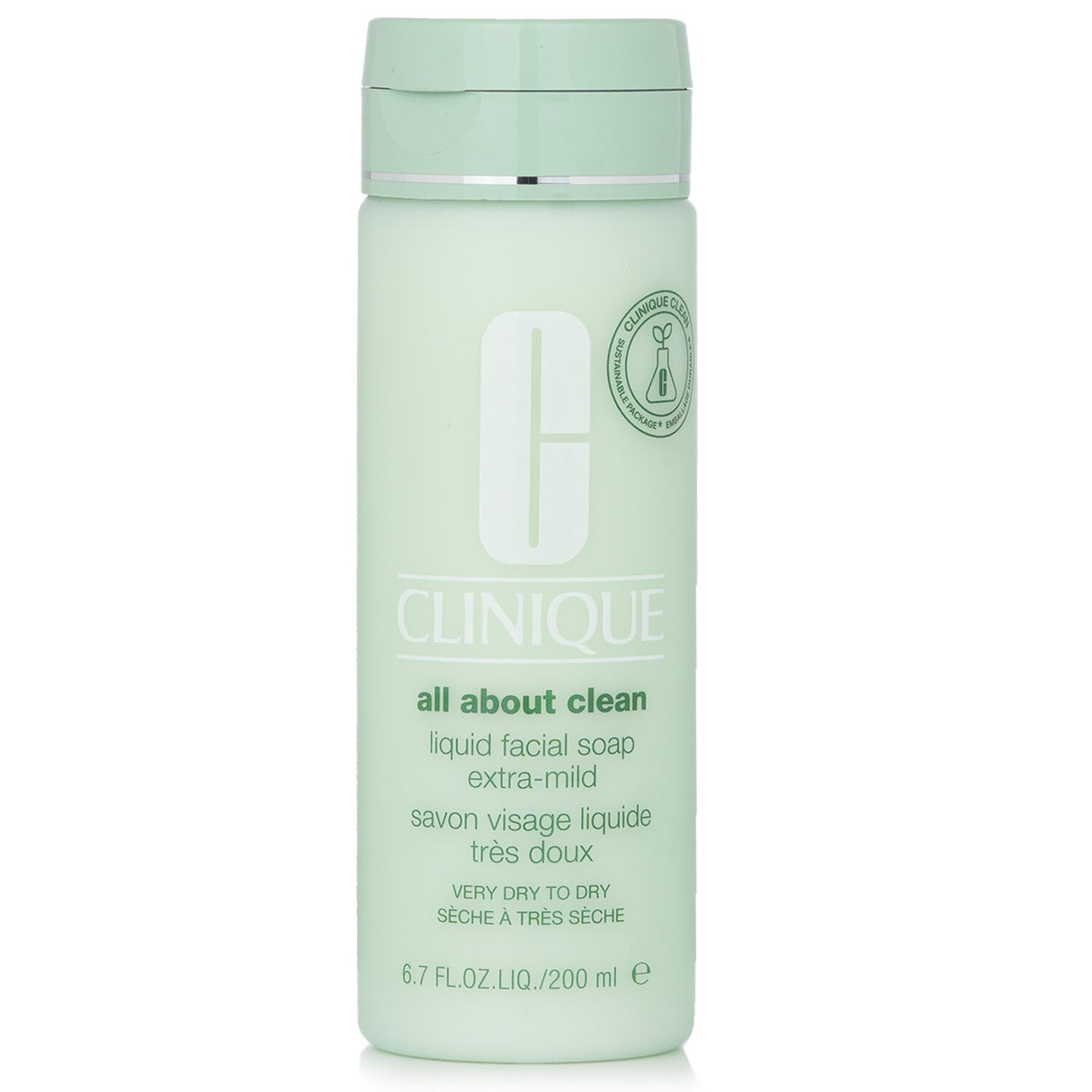 Clinique All About Clean Liquid Facial Soap for very dry skin, 200ml, gently cleanses without drying, preps for exfoliation.