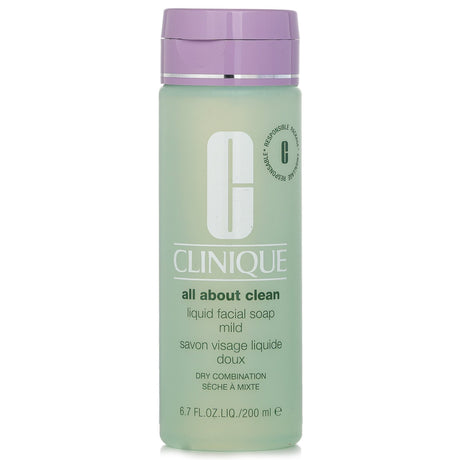 Clinique All About Clean Liquid Facial Soap Mild for dry combination skin, 200ml, gently cleanses without stripping moisture.