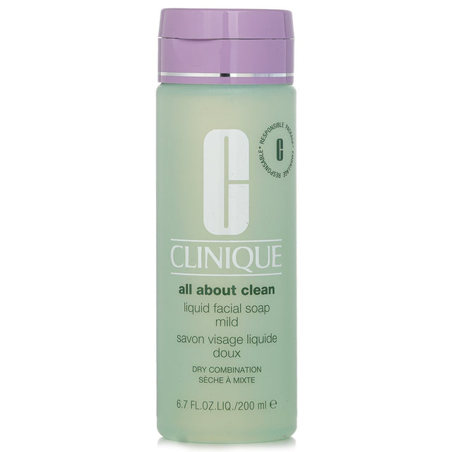 Clinique All About Clean Liquid Facial Soap Mild for dry combination skin, 200ml, gently cleanses without stripping moisture.