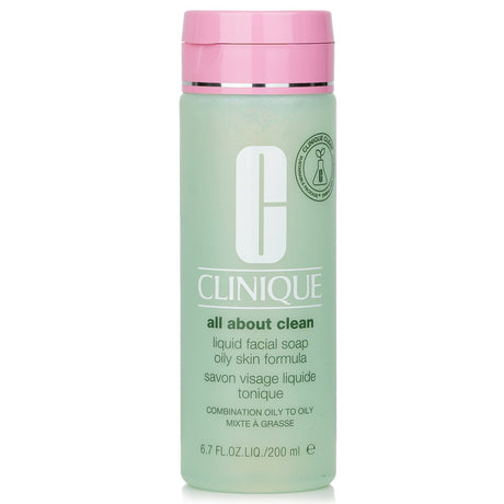 Clinique All About Clean Liquid Facial Soap for oily skin, 200ml, gently cleanses and prepares skin for exfoliation.