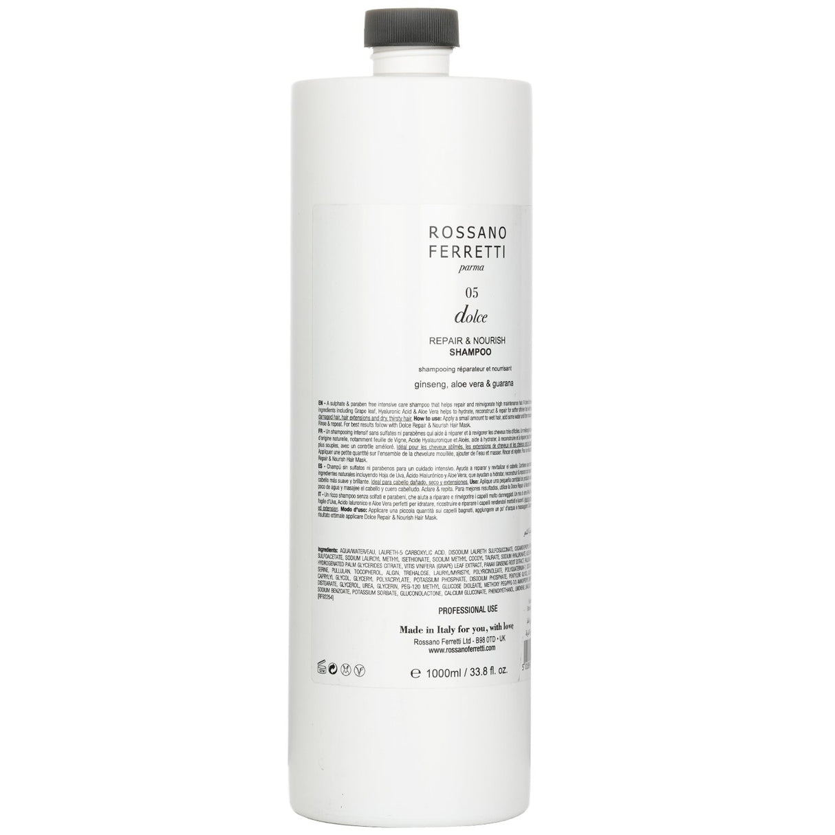 Nourishing shampoo for dry, damaged hair with Aloe Vera, Ginseng, and Guarana for hydration, repair, and scalp health.