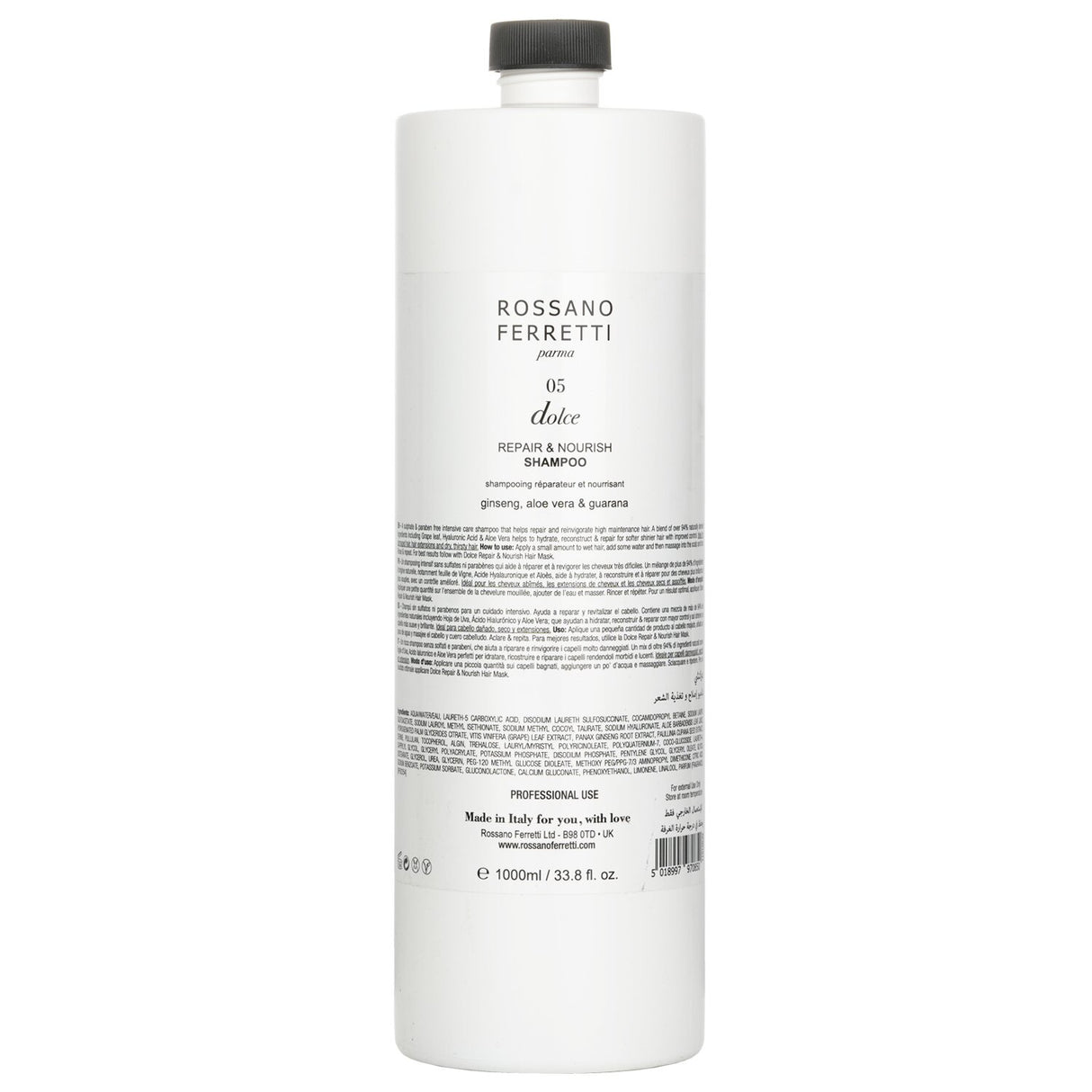 Luxurious 1000ml shampoo for dry hair, infused with Aloe Vera, Ginseng, and Guarana; promotes hydration and hair growth.