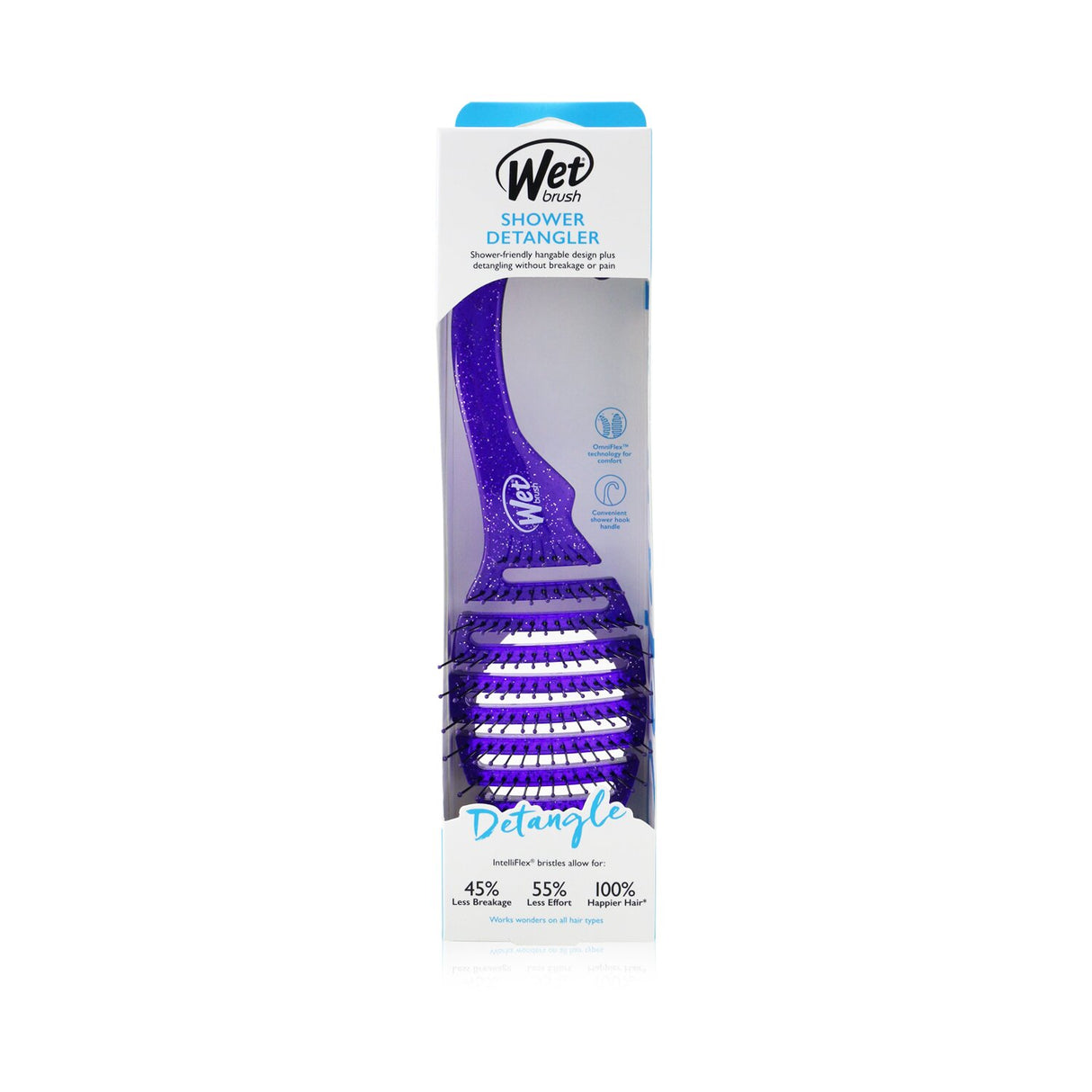 Purple glitter detangling brush with OmniFlex technology for painless hair care in the shower.