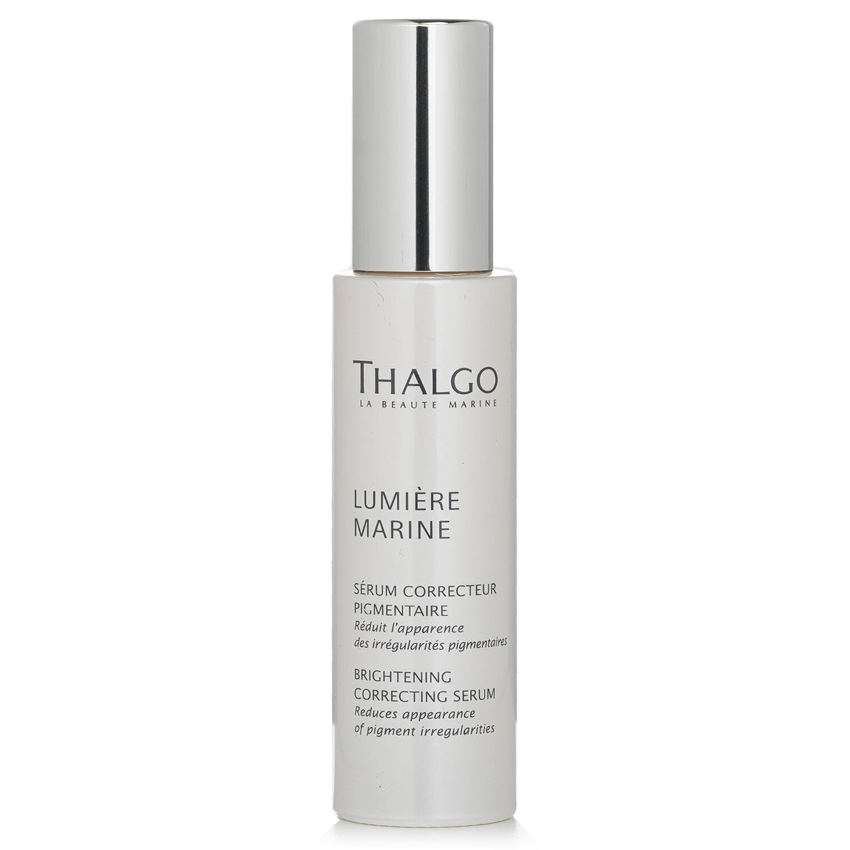 Brightening facial serum with algae extract, combats dark spots, reduces redness, and enhances skin's hydration and luminosity.