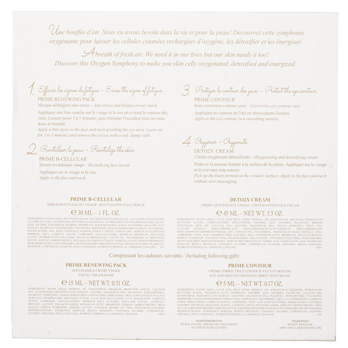 Luxurious Valmont Oxygen Symphony Set featuring anti-stress mask, revitalizing serum, contour cream, and oxygenating cream.