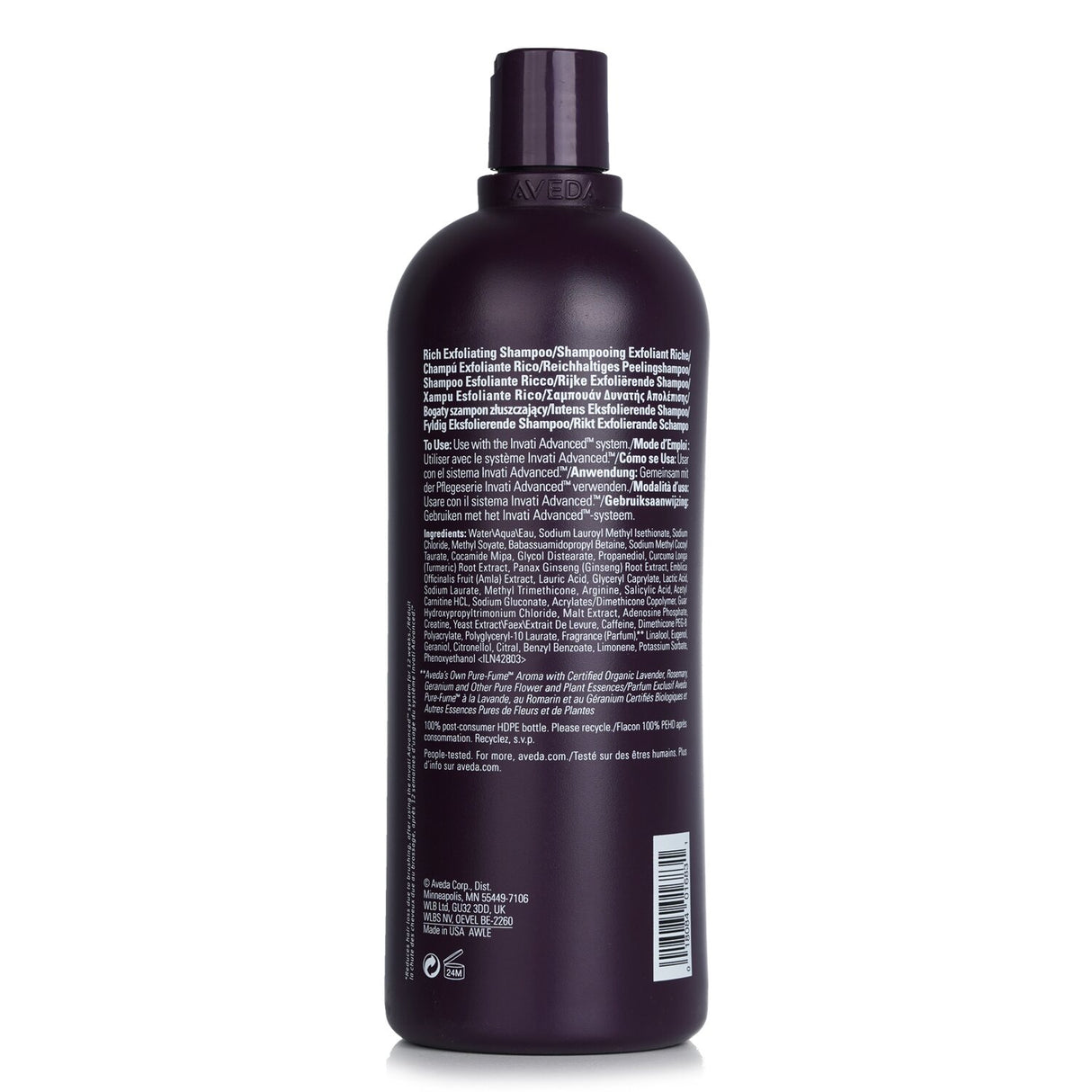 Aveda's Invati Advanced Exfoliating Shampoo in a 1000ml bottle, purifies scalp and promotes healthy hair growth for fine hair.