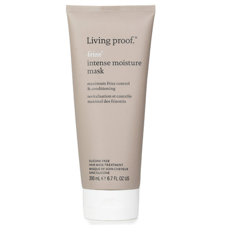 Living Proof No Frizz Intense Moisture Mask in eco-friendly packaging, deeply hydrates and straightens hair for frizz-free, healthier locks.