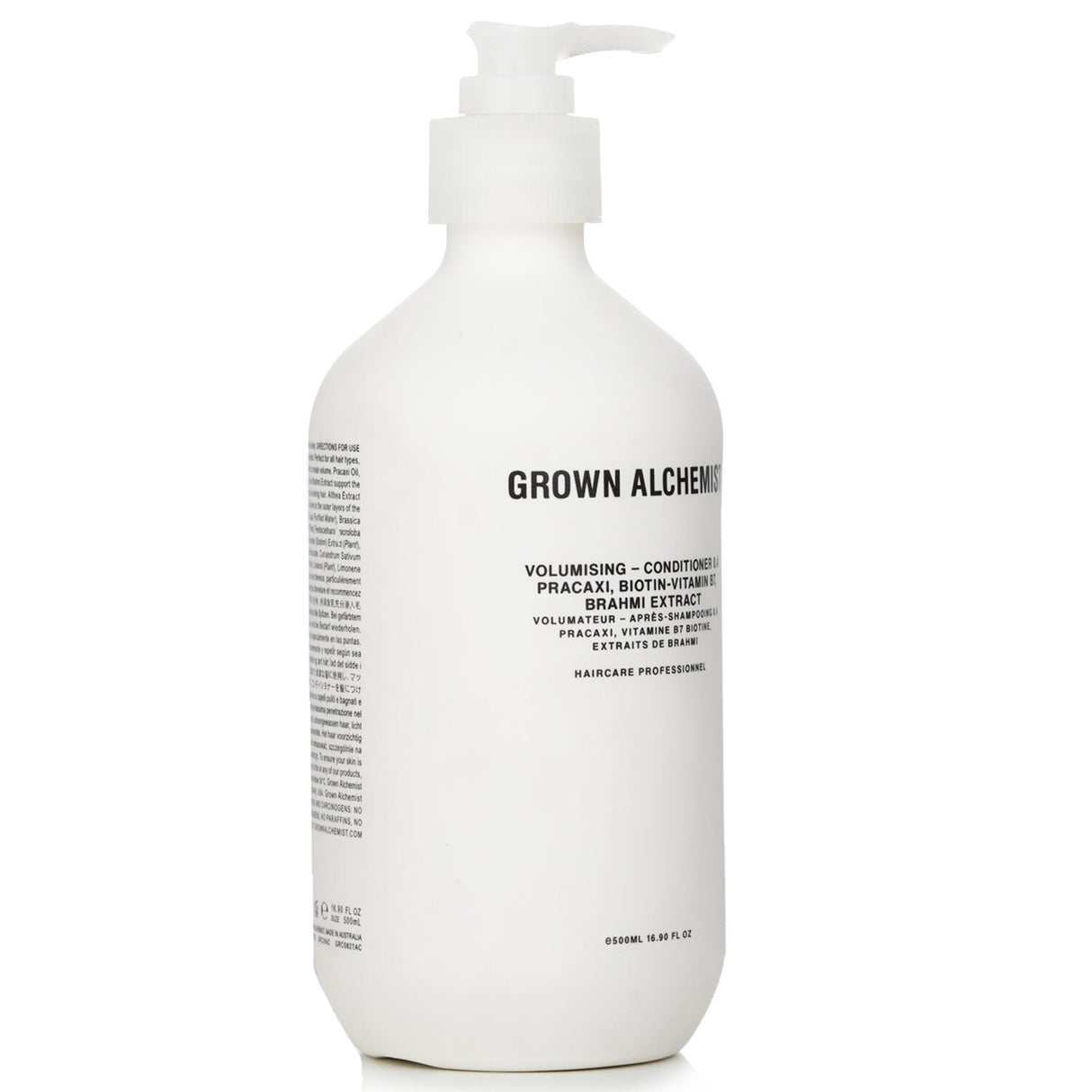 Grown Alchemist Volumising Conditioner 0.4 in a 500ml bottle, enhances fine hair with biotin and pracaxi oil for added volume and shine.