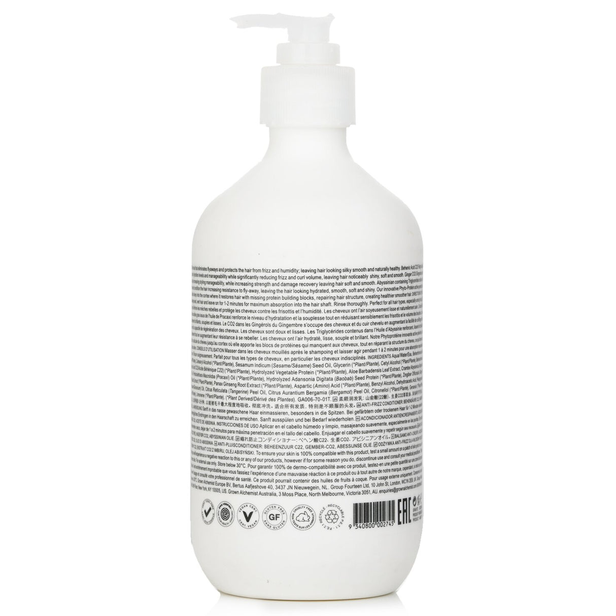 Grown Alchemist Anti-Frizz Conditioner in a 500ml bottle, designed to nourish hair and combat frizz for a sleek finish.