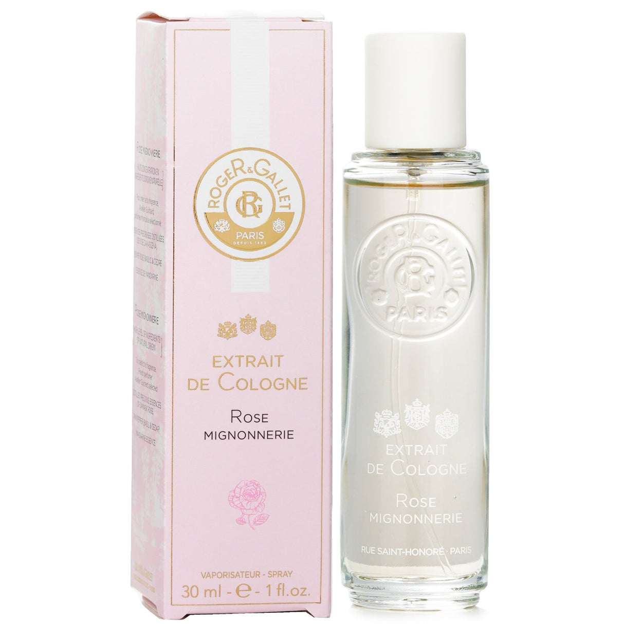 Floral cologne spray in a 30ml bottle, featuring mandarin, pink pepper, rose, and cedar notes for modern women.