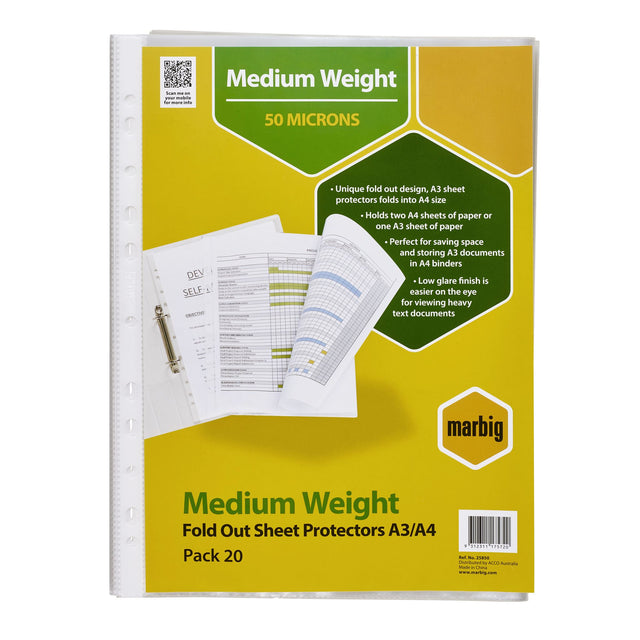 A pack of 20 heavy-duty fold-out sheet protectors that store A3 documents in A4 binders with low glare for easy viewing.