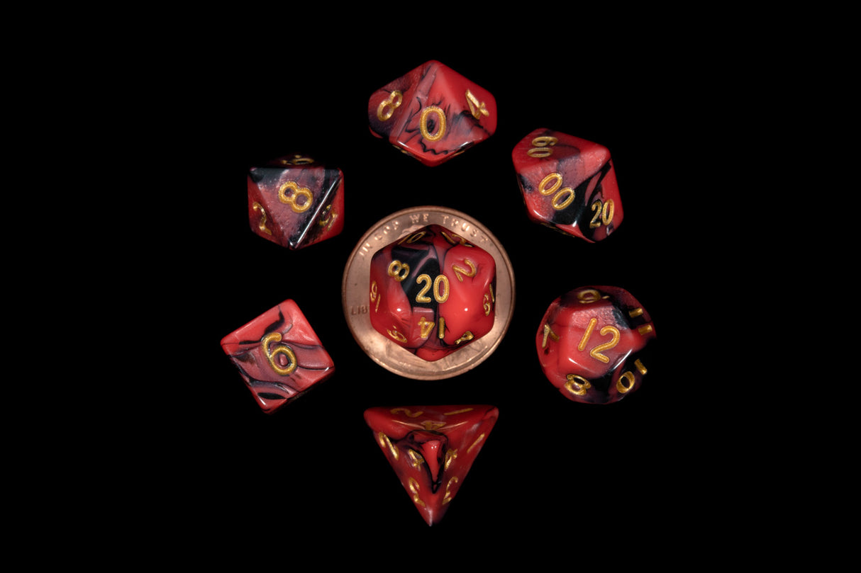 Fanroll: 10mm Mini Polyhedral Dice set: Red/Black w/ Gold Numbers