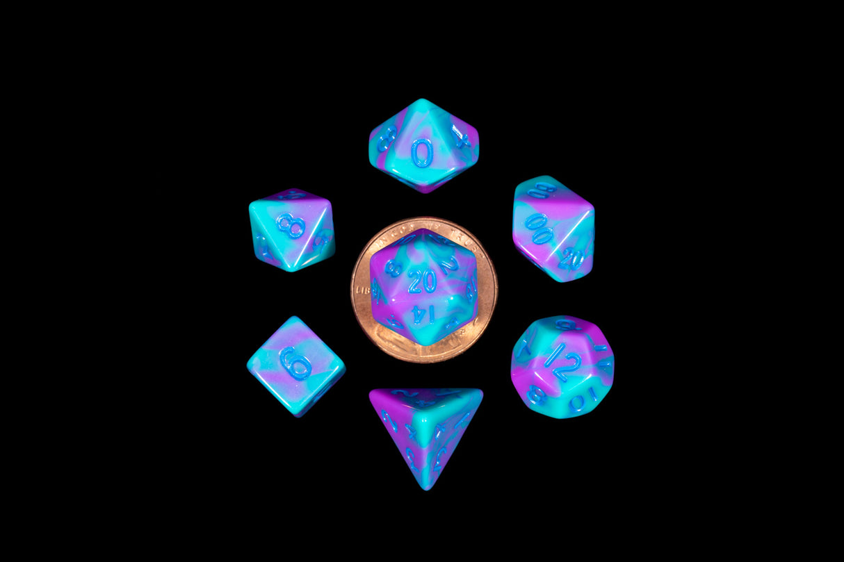 Fanroll: 10mm Mini Polyhedral Dice set: Purple/Teal w/ Blue Numbers