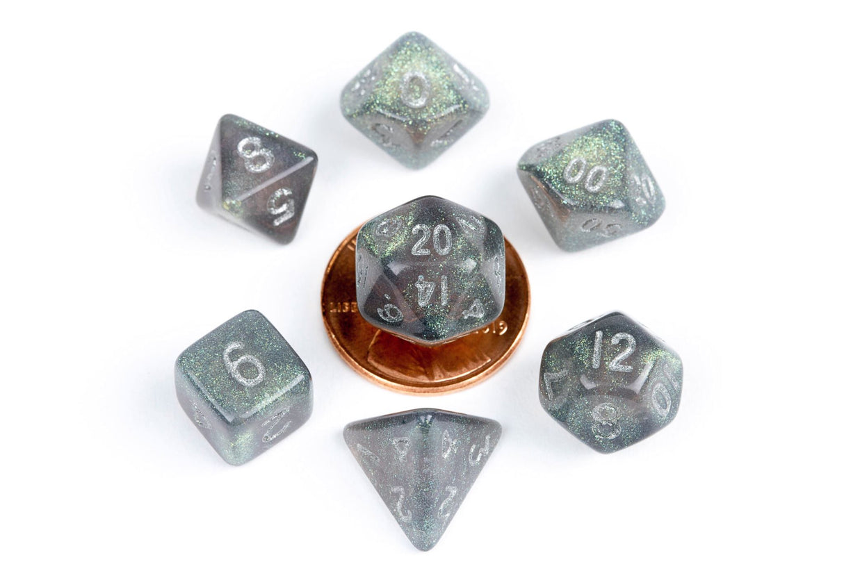 Fanroll: 10mm Mini Polyhedral Dice set: Stardust Gray w/ Silver Numbers