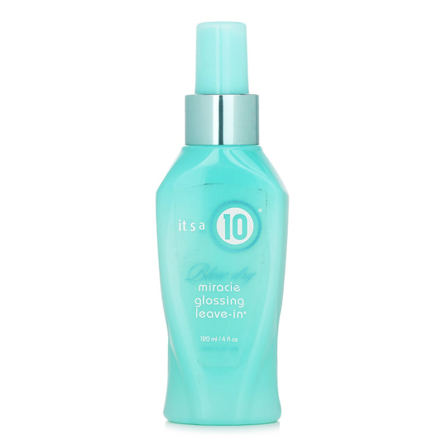 It's A 10 Blow Dry Miracle Glossing Leave-In 120ml for stronger, smoother, and shiny hair with heat protection and moisturizing benefits.