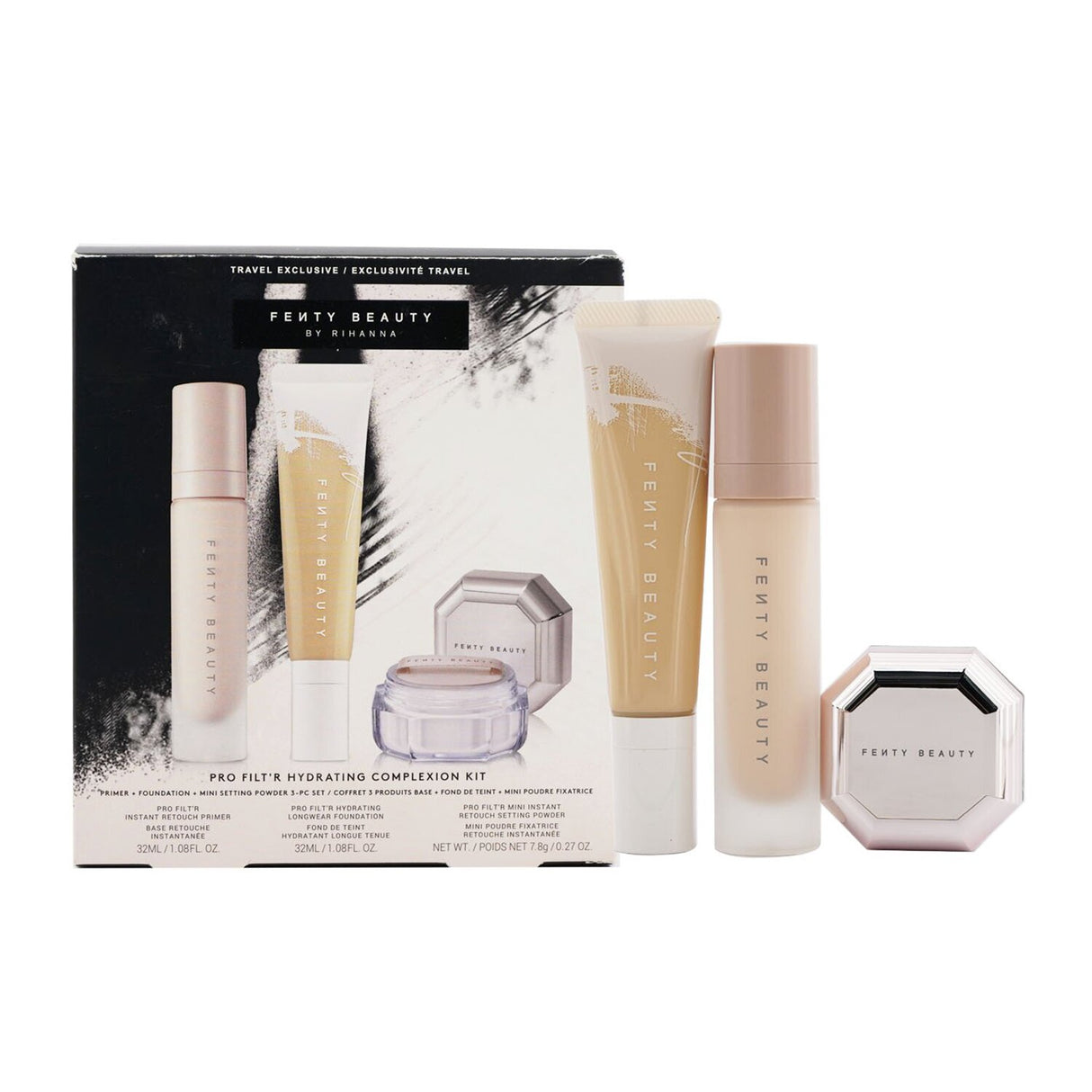 Fenty Beauty Pro Filt'R Hydrating Complexion Kit with foundation, primer, and setting powder for radiant, hydrated skin.