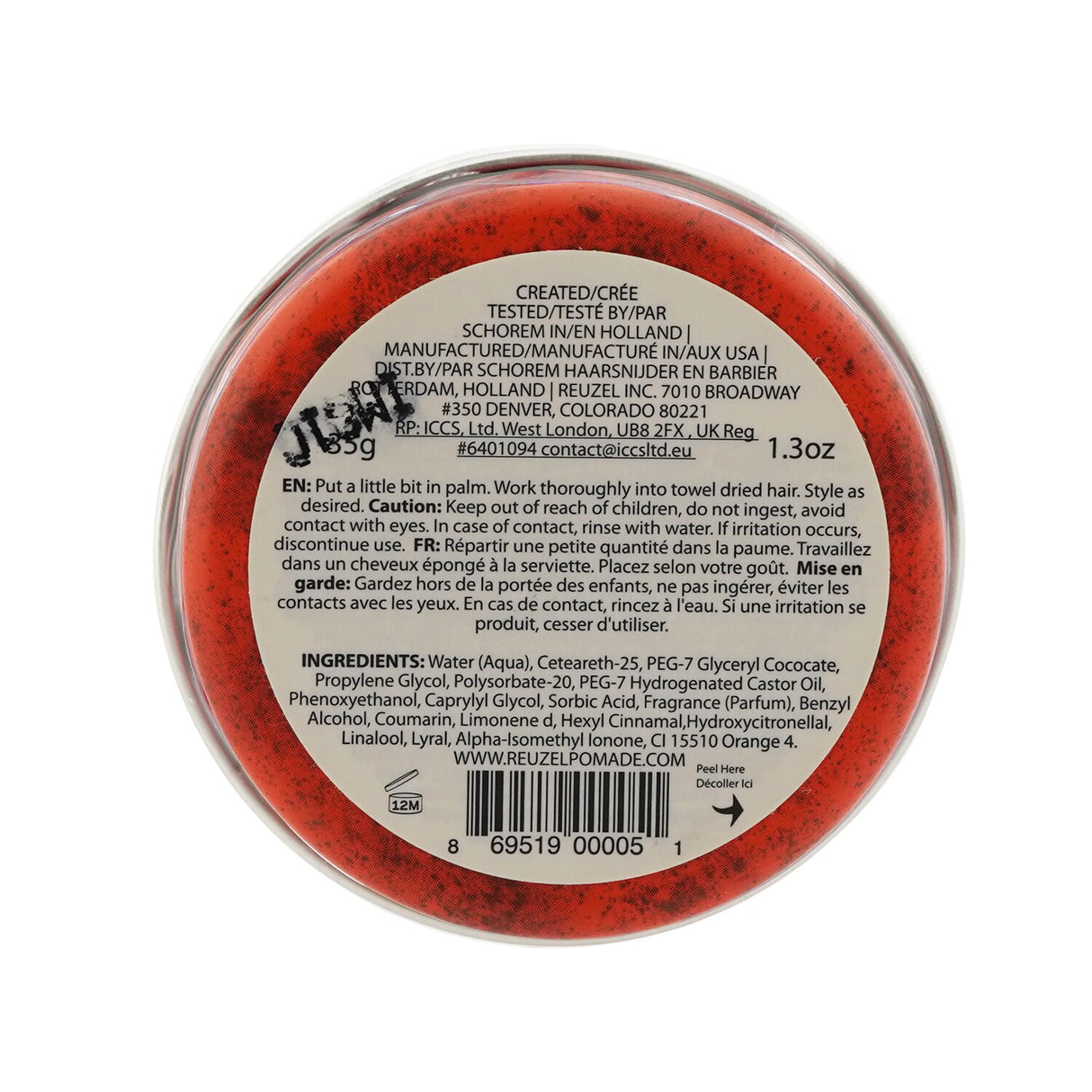 Reuzel Red Pomade in a 35g jar offers high sheen, medium hold, and moisturizing benefits with a vanilla cola scent.