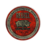 Water-soluble Reuzel Red Pomade in 35g, for sleek styles, medium hold, moisture, and a subtle vanilla cola scent.