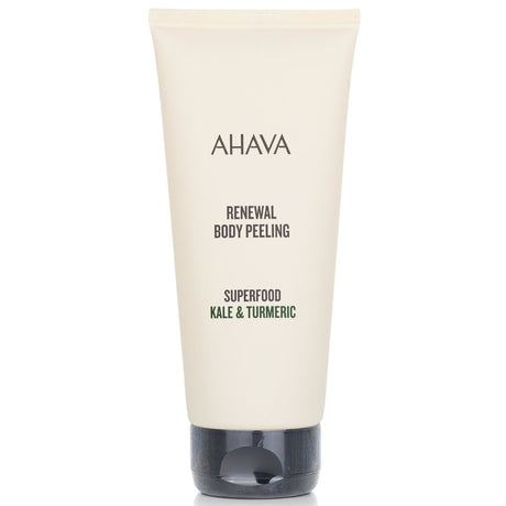 Ahava Superfood Kale & Turmeric Renewal Body Peeling features a liquid gel formula for revitalizing and moisturizing skin.