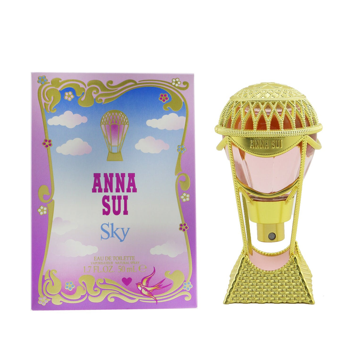 Golden bottle of Anna Sui Sky Eau De Toilette Spray, a floral fruity fragrance with notes of Pear, Rose, and Vanilla.