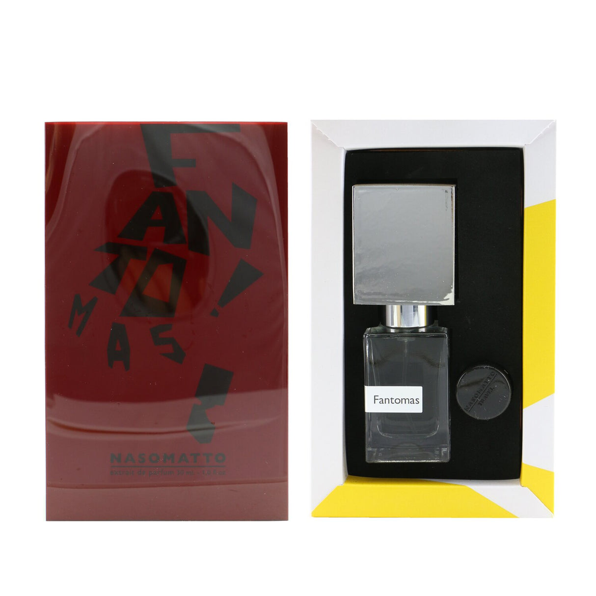 Nasomatto Fantomas Extrait De Parfum Spray 30ml, a gender-neutral woody aromatic fragrance with smoky, fruity, and earthy notes.