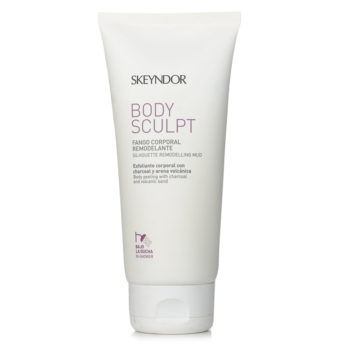 Exfoliating body treatment with charcoal and volcanic sand for radiant, toned skin; 200ml/6.8oz bottle.